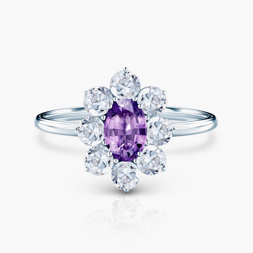 Pierścionek zaręczynowy SAVICKI: białe złoto, fioletowy szafir, białe szafiry